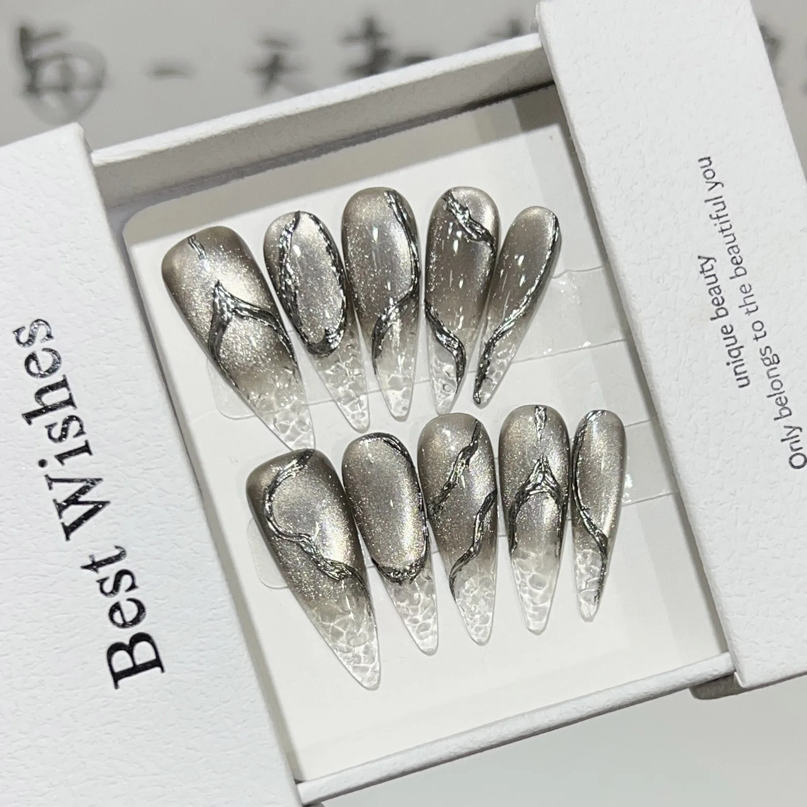 10 pçs halloween unhas falsas reutilizáveis ponta longa preto rachado olho de gato estilo punk prata longa imprensa em unhas para decoração feminina