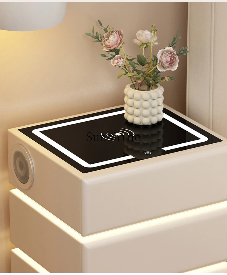 Smart bedside table Cream wind wireless charging Bluetooth speaker three pumping suspended solid wood side cabinet