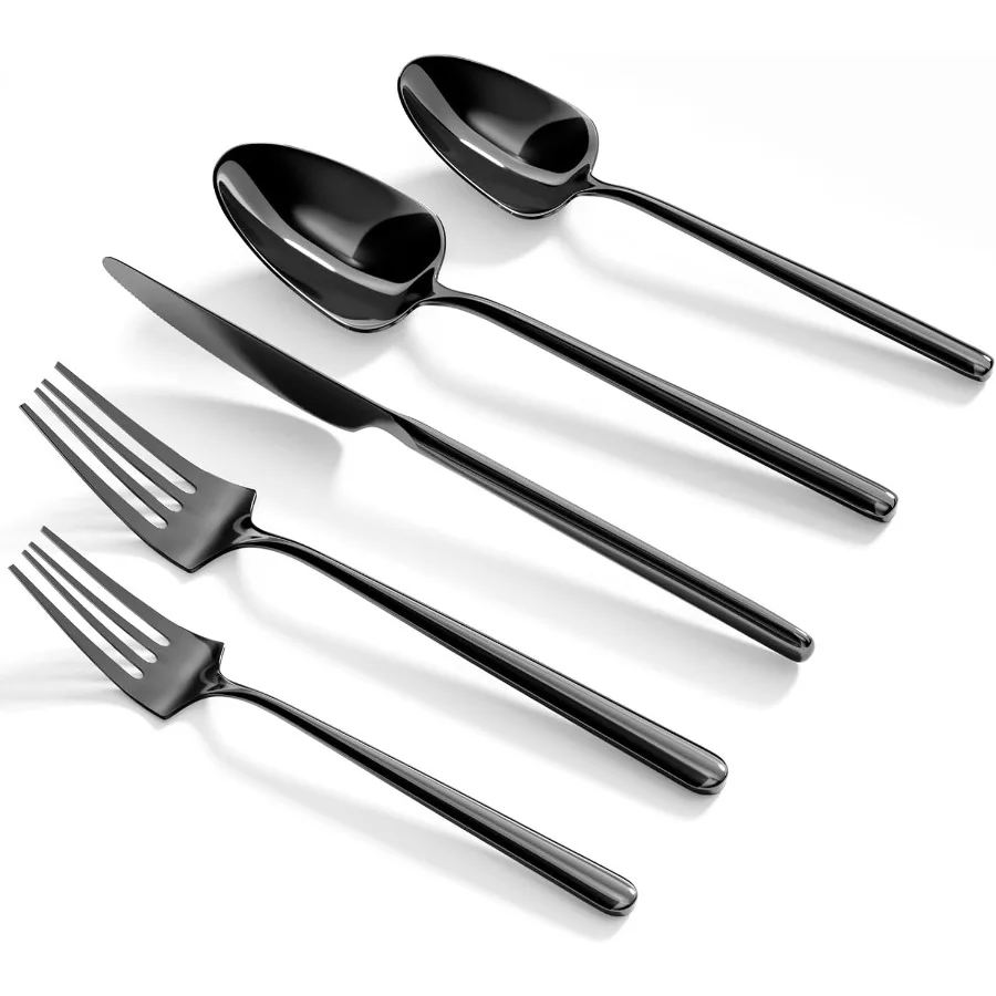 

Овальный черный набор столовых приборов из нержавеющей стали, 20 предметов, набор столовых приборов с американским дизайном, современный набор столовых приборов для 4 посудомоечных машин