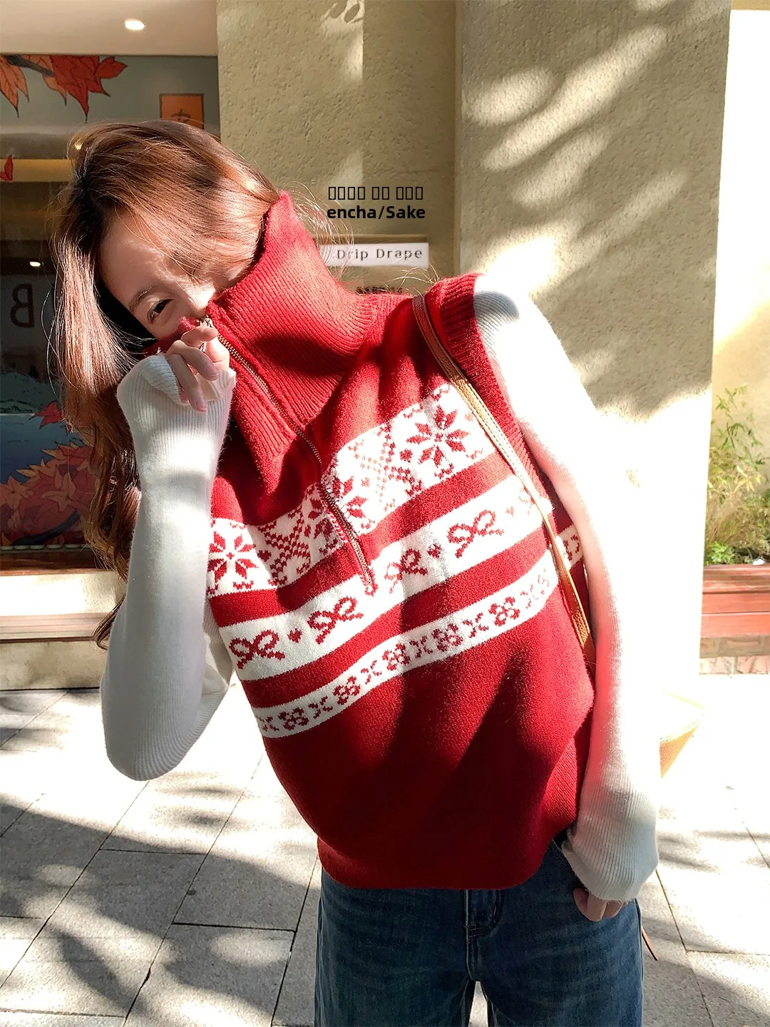 

Красный вязаный жилет Cisas для женщин, новая зимняя верхняя одежда, свитер с отложным воротником, модный топ для девушек, повседневный стиль, полиэстер