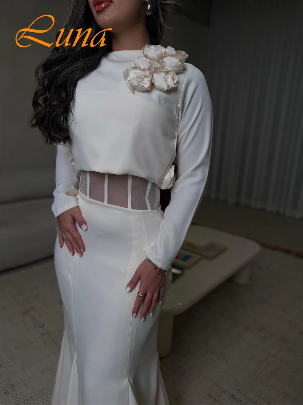 Customized Soft O-Neck Evening Dress Elegant Jersey Cocktail Dress Temperament Long Sleeves Mermaid Special Occasion Gowns