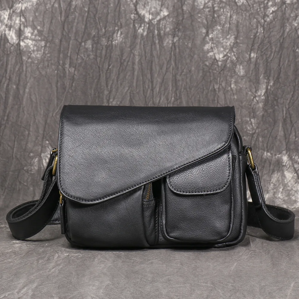 

High-end men's genuine leather single-shoulder bag with flip cover and multiple pockets, lightweight crossbody messenger bag