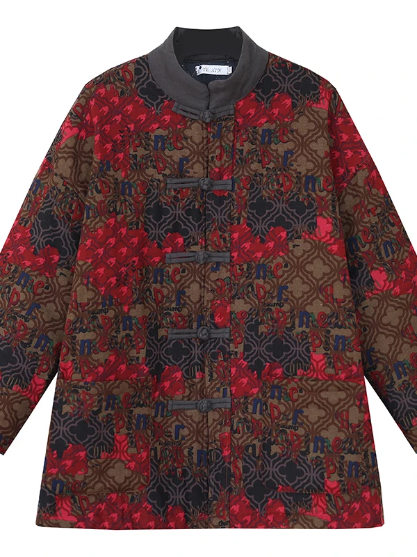 Thiened algodão jaet nacional sle floral impressão botão feminino inverno casaco de comprimento médio retro cor colion algodão casaco