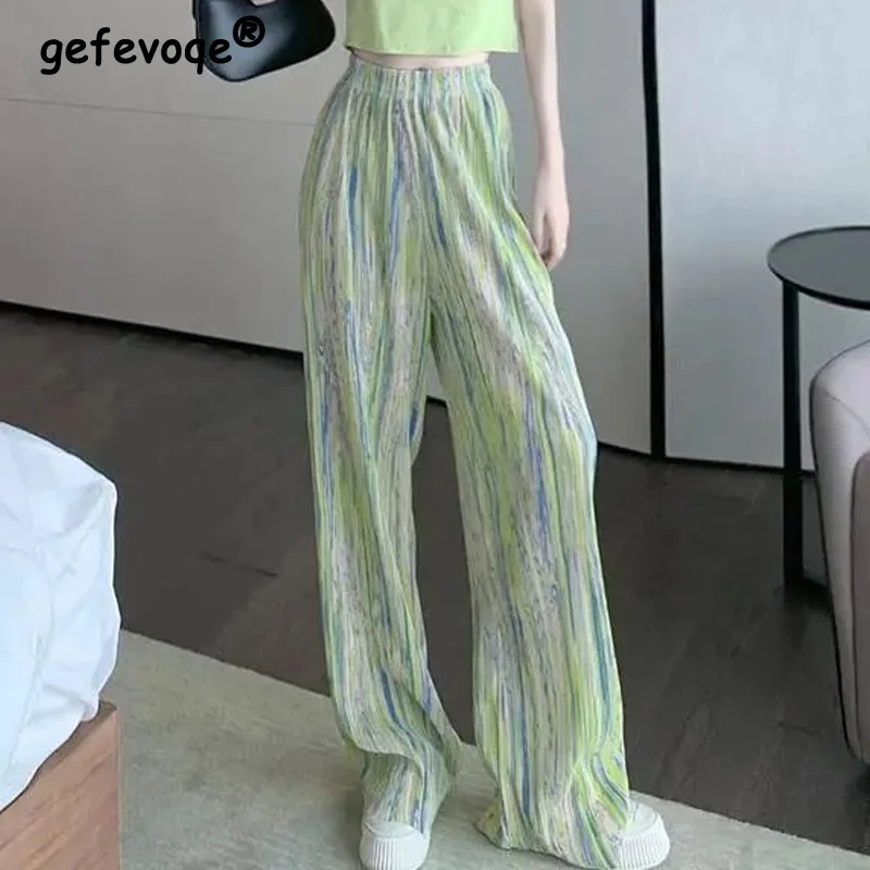 Tie Dye Print Harajuku Casual Streetwear Pleated Straight Wide Leg Trousers Female Summer Fashion Loose Thin Pants Women Clothes