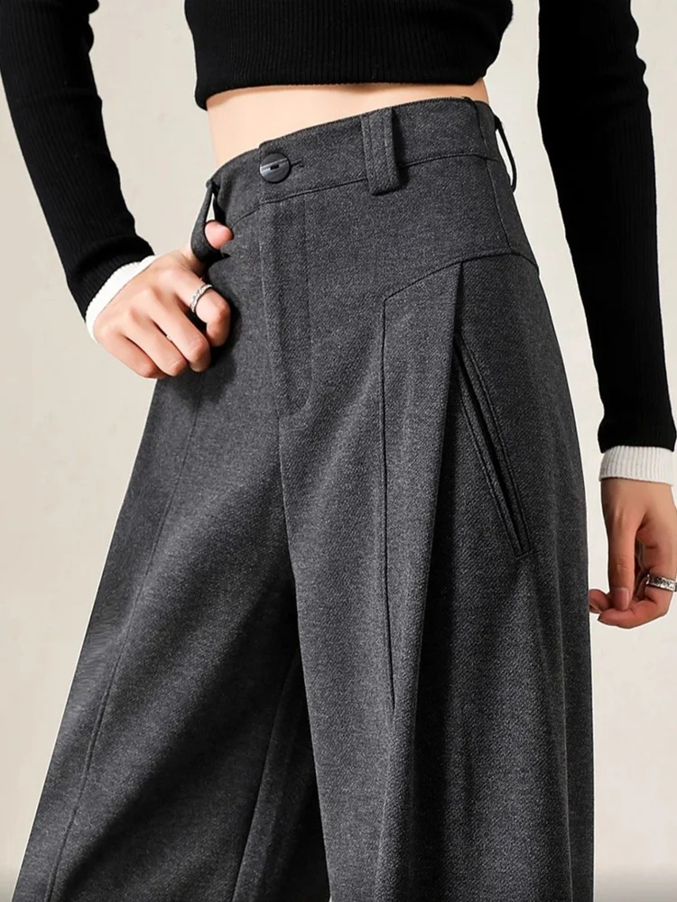 Wełniane spodnie z szerokimi nogawkami damskie, ocieplane, jesienno-zimowe, proste spodnie do pracy, wysoki stan, zamek błyskawiczny, jednolity kolor.