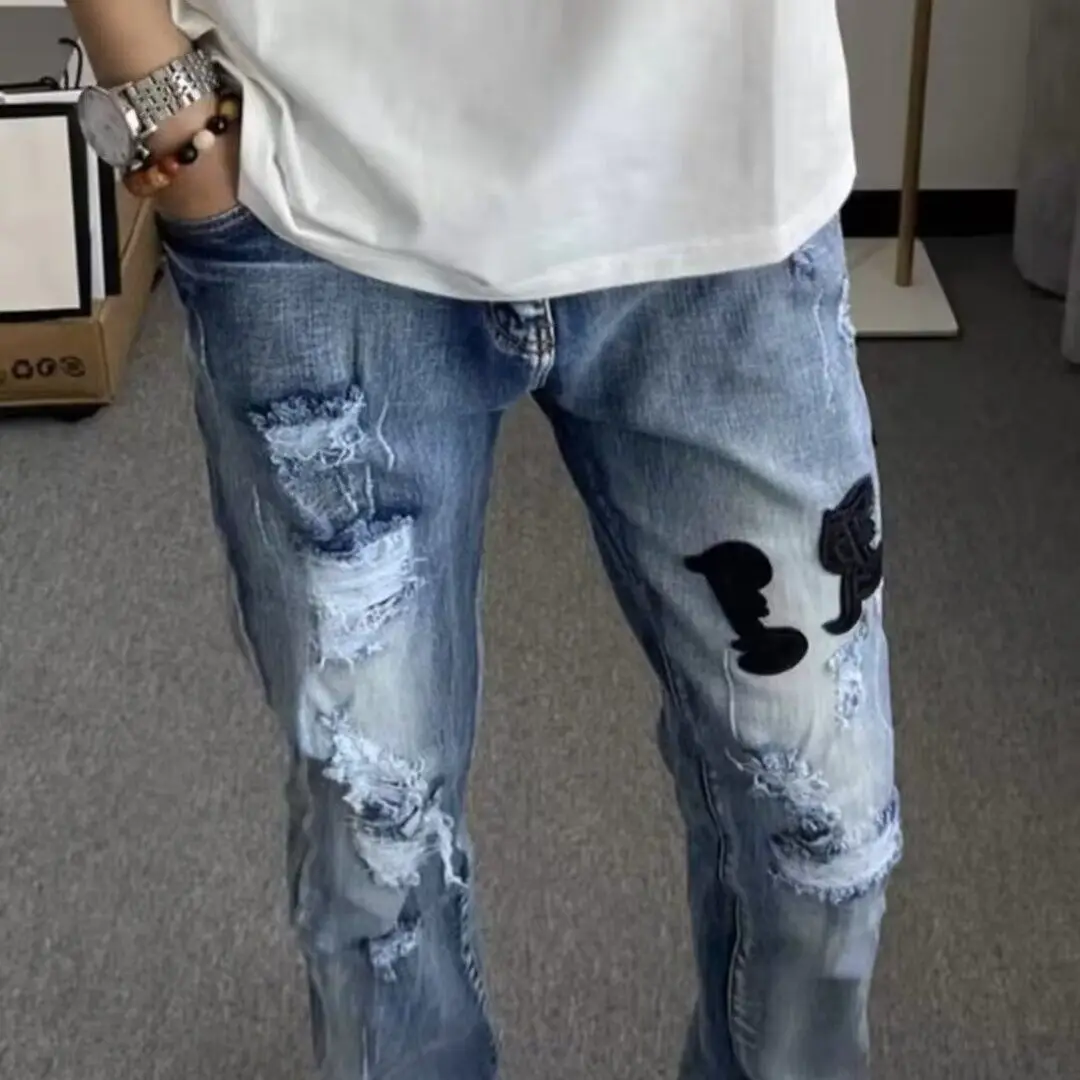 

Джинсы с американскими дырками в стиле ретро, мужские узкие прямые эластичные повседневные длинные брюки с заплатками, новинка 2025, джинсы с высокой талией