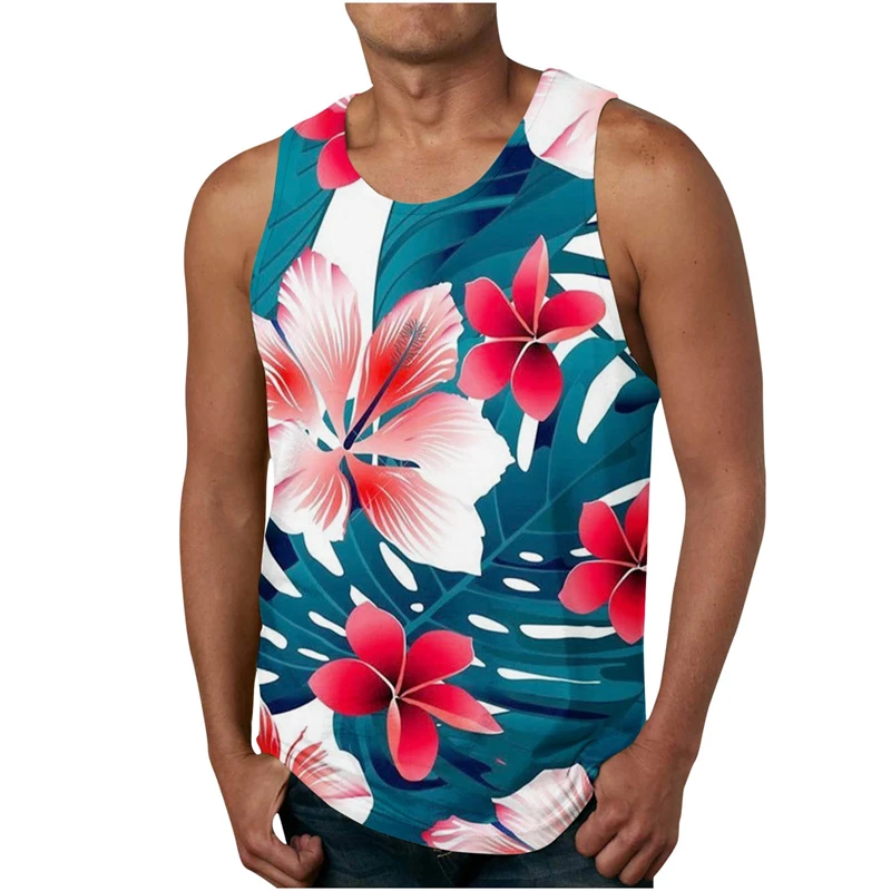 Hawaiian Flower Plants Tank Top For Men Casual 3d Print Tropical Plants Sleeveless Gym Fitness Tees Shirt Loose Pullover Tops