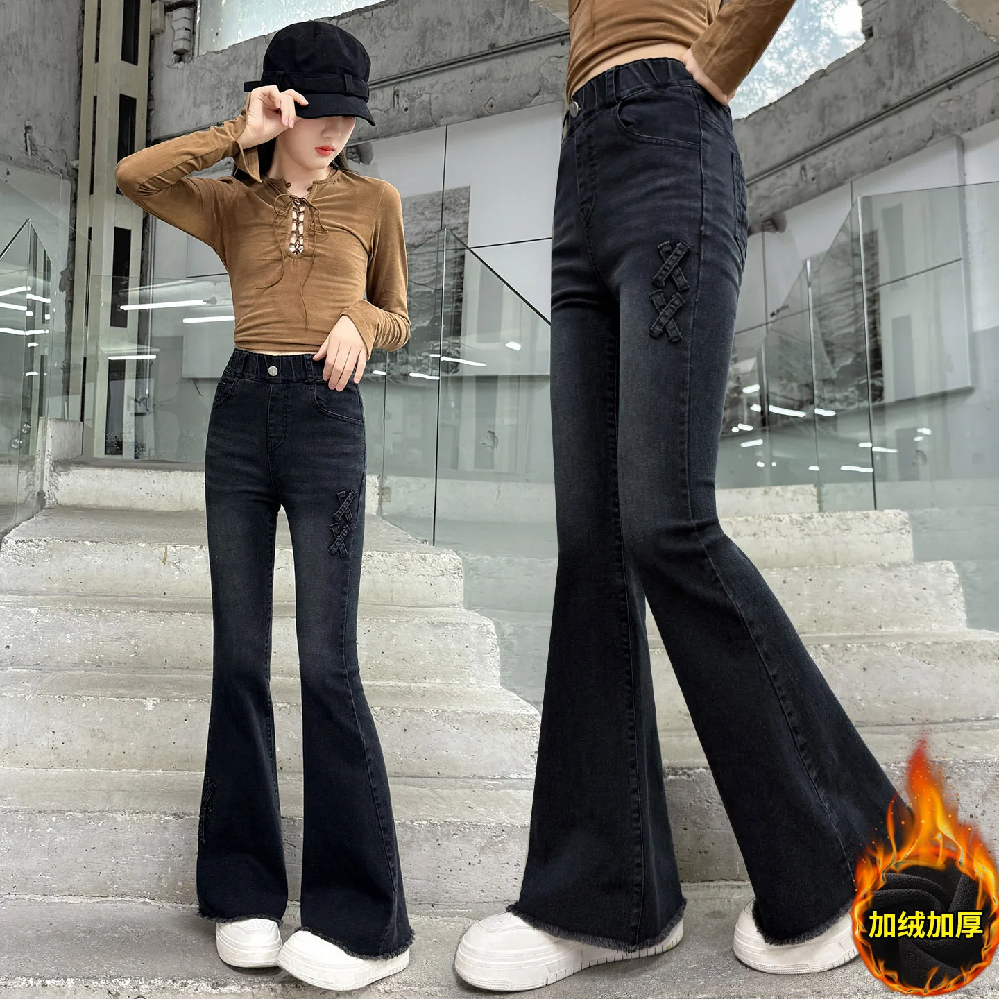 Teen Girls Jeans for Autumn Winter Thick Warm with Fleece Denim Pants Kids Clothes Stylish Children's Micro Flared Trousers