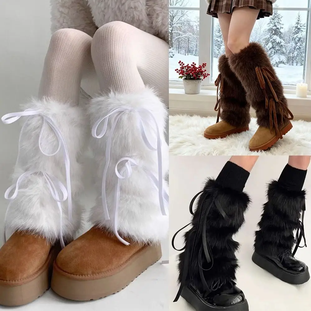 

New Fuzzy Boot Cuffs Bowknot Ribbon Thickened Leg Warmers Winter Warm Boot Cover Women Fashion