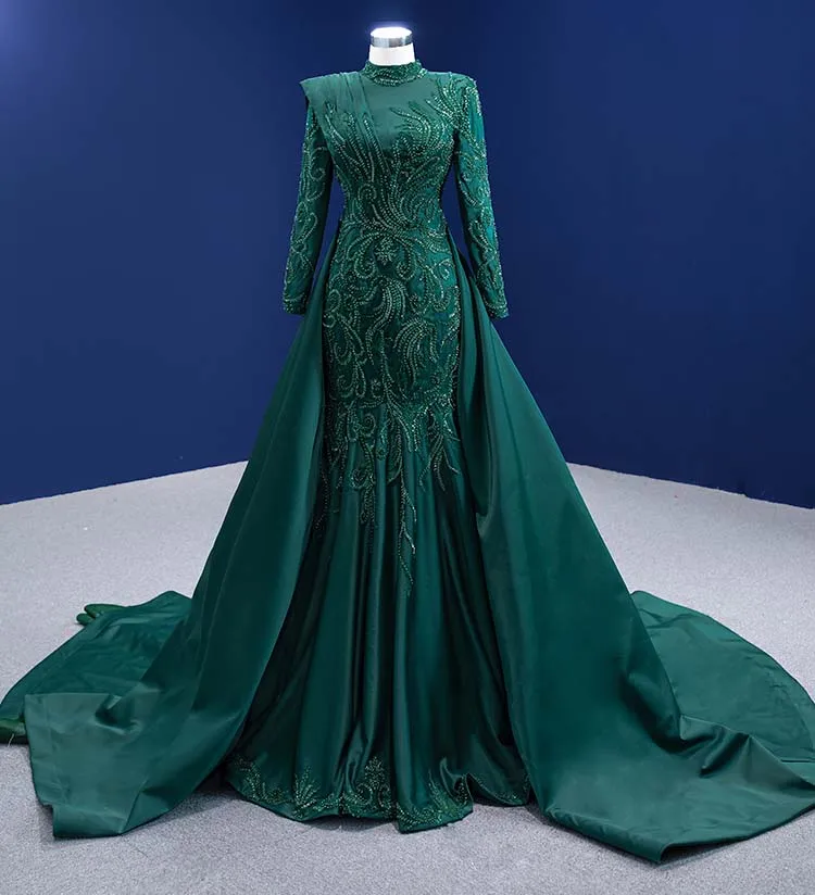 

Green Luxury Muslim Evening Dresses Mermaid Long Sleeves Beaded Detachable Long Turkey Dubai Saudi Arabia Prom Dress Gown