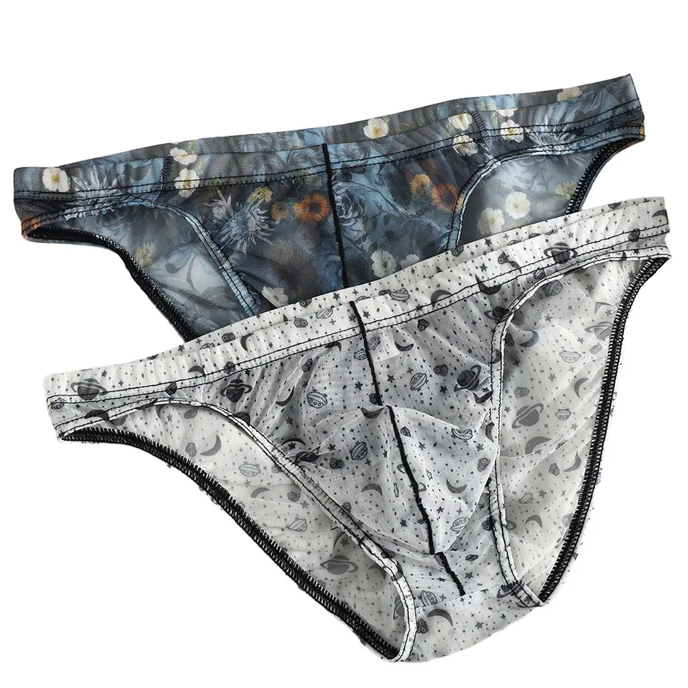 Men Jockstrap Sexy Mesh Translucent Printed Briefs Underwear Thin Middle Rise Breathable Pouch Panties Lingerie