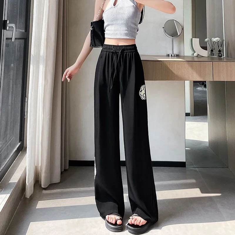Calças de perna larga para mulheres no verão fino estilo chinês bordado moda casual calças retas soltas e finas e na moda