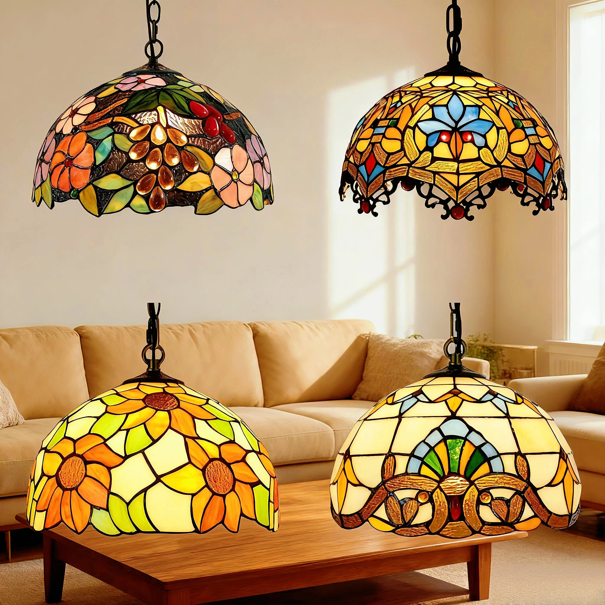 Tiffany Chandelier Kitchen Dining Room Hallway Nordic Handmade Glass Chandelier E27 Indoor Home Decor Peacock Country Art Lamp