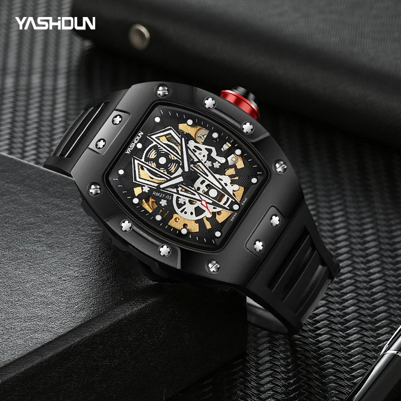 yashidun relógio mecânico masculino moda relógio de pulso à prova dwaterproof água luminosa barril vinho estilo mecânico design esporte relógio de pulso homem