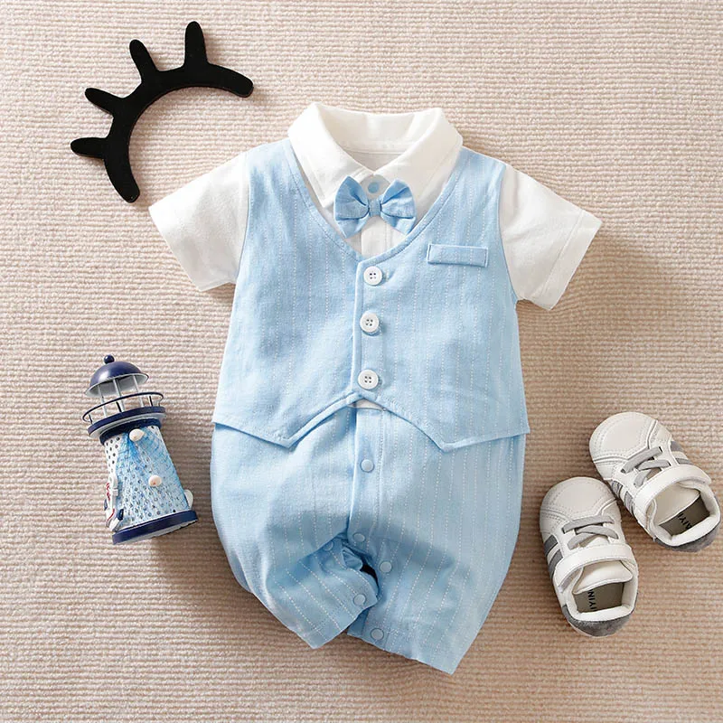 Baby Summer Vest Gentleman Tie Solid Short Sleeve Shorts Casual All Cotton One Piece