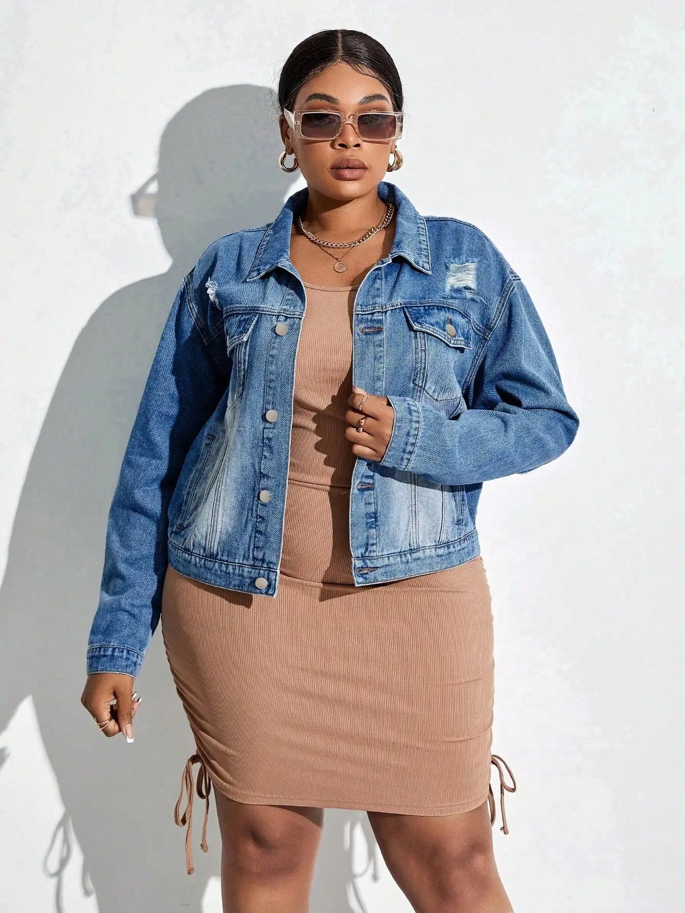 

Plus Size Distressed Bleached Denim Jacket with Drop Shoulder
