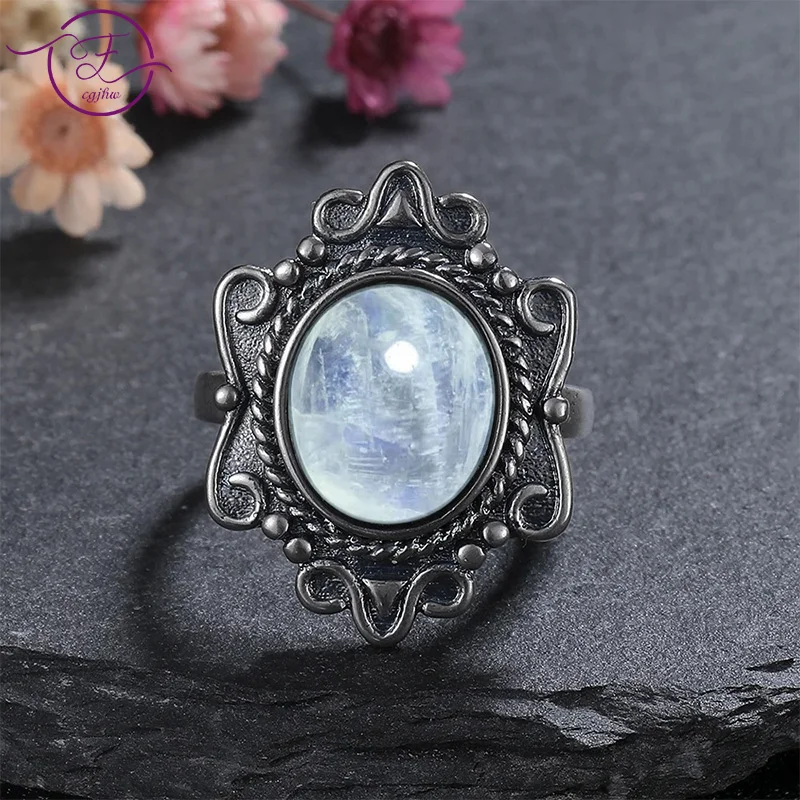 

Vintage Natural Stone Rings for Women Men Silver Plated Ring with Oval Moonstone Turquoise Anniversary Christmas Gift FCGJHW