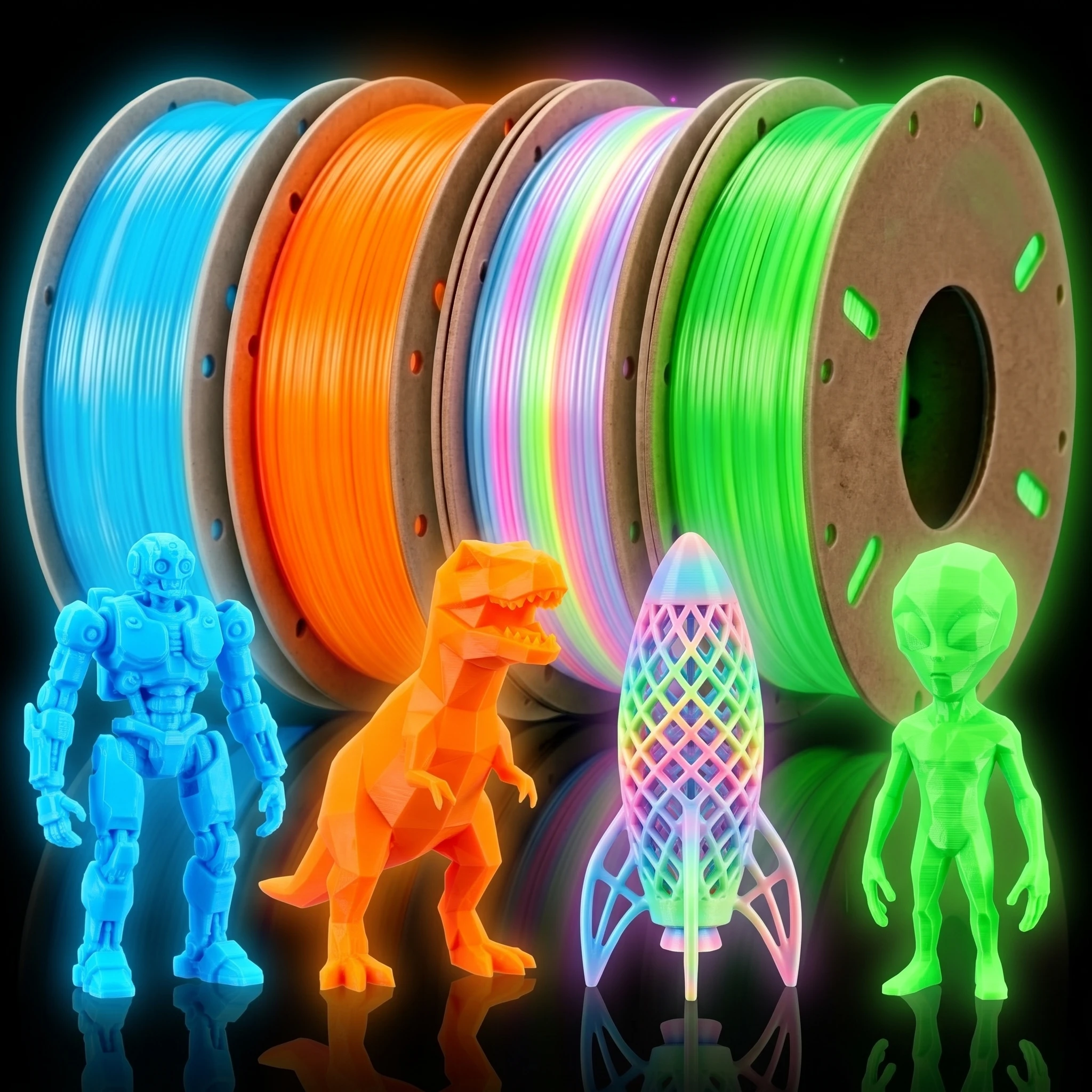 Glow in The Dark PLA Filament 1.75 mm 250g X 4 Pack, 4‑Color Glowing 3D Printer Filament for Halloween DIY Spooky Decorations