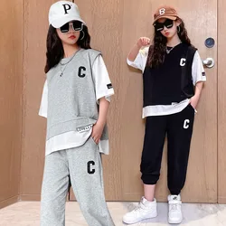 2PCS 2024 new Summer teens Girls Clothes children Sets Outfits Kids loose T-shirt + ankle-tied Pants tracksuit 6 8 10 12 14 Year