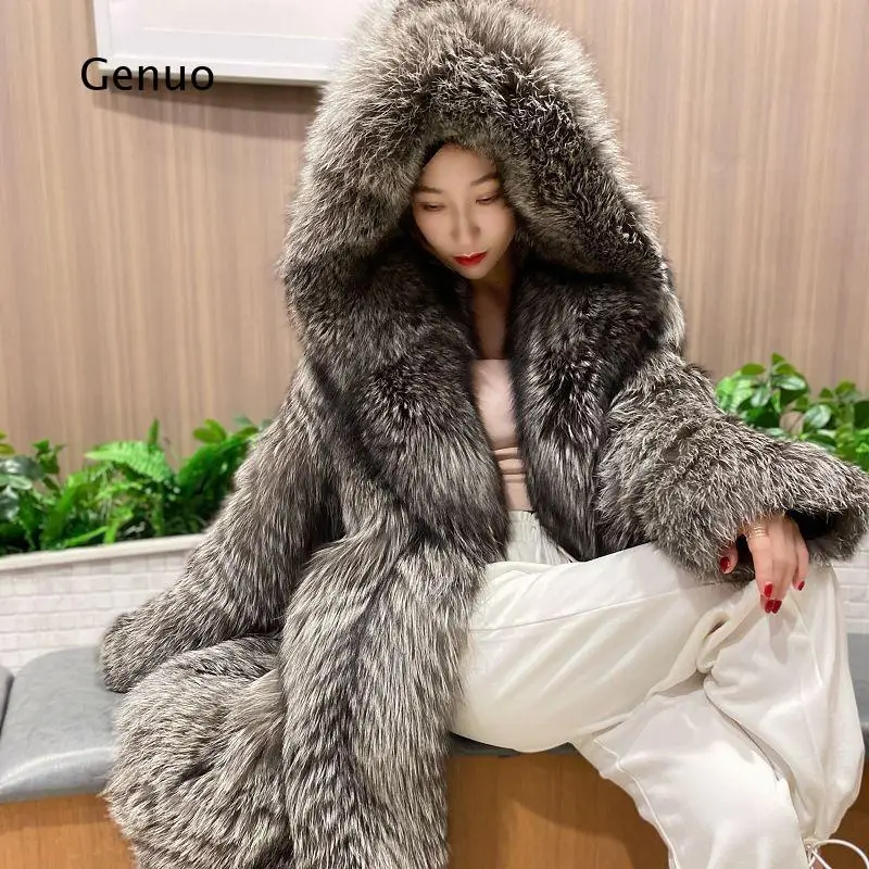 Women's Faux Fox Fur Long Coat Winter Warm Hooded Outerwear Fashion Fluffy Jacket for Daily Streetwear Trend