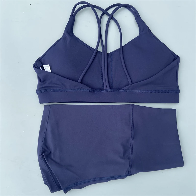 Yoga Shorts Set Gym Sports Set 2 Piece Women Workout Outfit Fitness Suit Cross Straps Bra High Waist Shorts Running Tracksuit