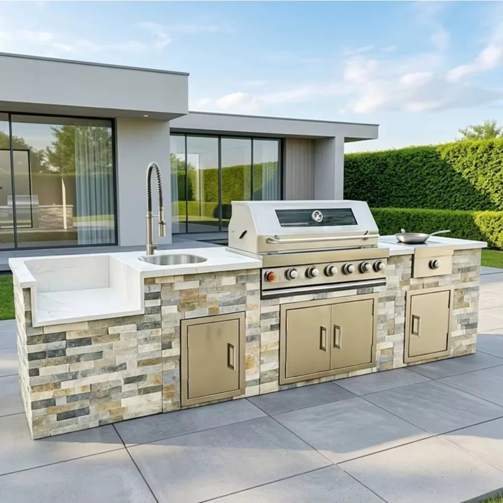 304 Stainless Steel Outdoor Kitchen Island, Custom Culture Stone Cabinet with BBQ Grill & Sink for Residential Outdoor Cooking