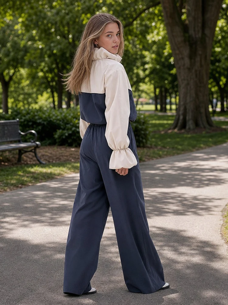 Women Color Block Matching Set Ruffle Stand Collar Cropped Jacket High Waist Wide Leg Pants Casual Sporty Ladies 2 Piece Set