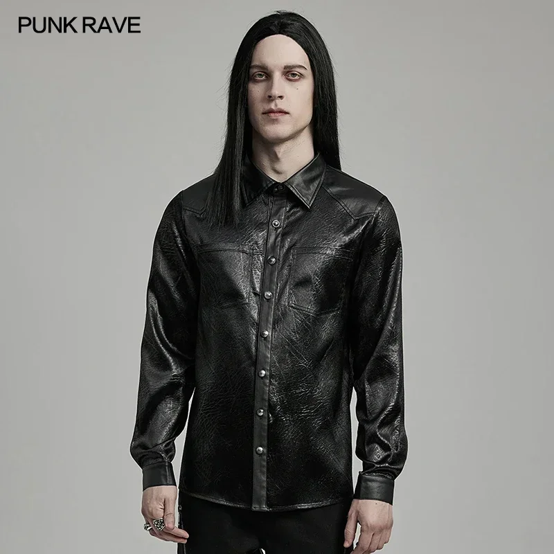 

PUNK RAVE Men's Gothic Daily Crack Textured Woven Shirt Splicing Design on Shoulders Minimalis Fitted Shirts Tops Men Clothing