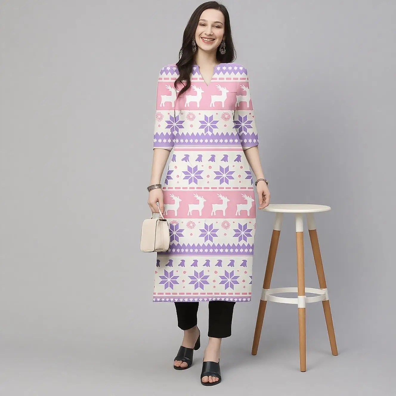 فستان كورتا كاجوال عصري ومريح للنساء المسلمات لعيد الميلاد بأكمام طويلة وأنبوب مستقيم كاجوال عرقي #3