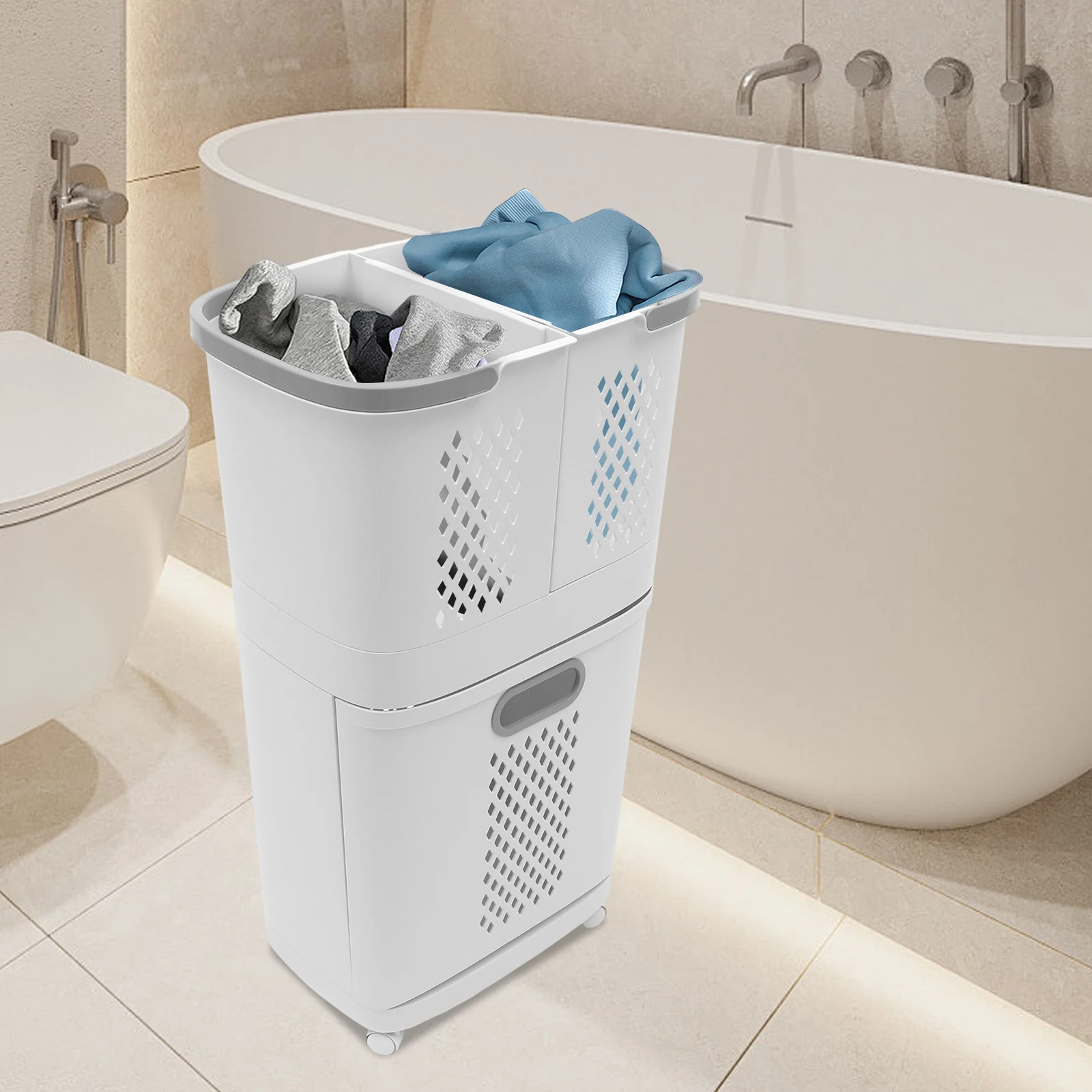 

Двухуровневая корзина для белья, органайзер для корзины для белья с 4 универсальными колесами, корзина для раздачи одежды для прачечных