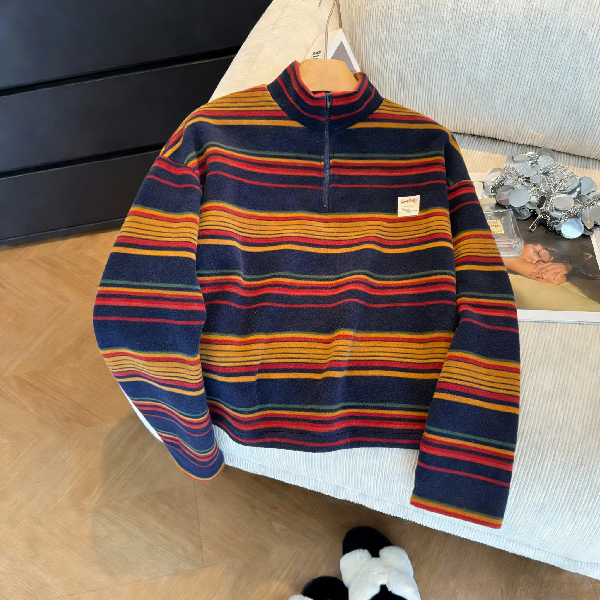 

Уникальный дизайн, свободный крой, толстовка с длинными рукавами, весенне-осенняя повседневная полосатая кофта на молнии для пар, молодежная мода