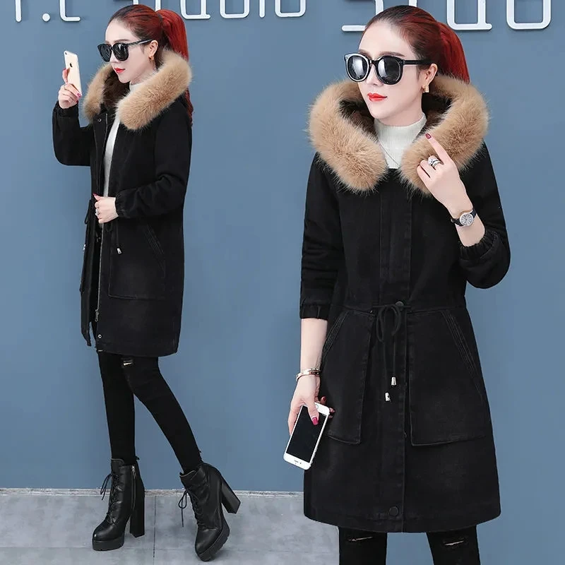 

Denim Parkas Women Winter Coat Add Velvet Mid length Outerwear Female cowboy Coat Korean Casual Hooded Denim Overcoat