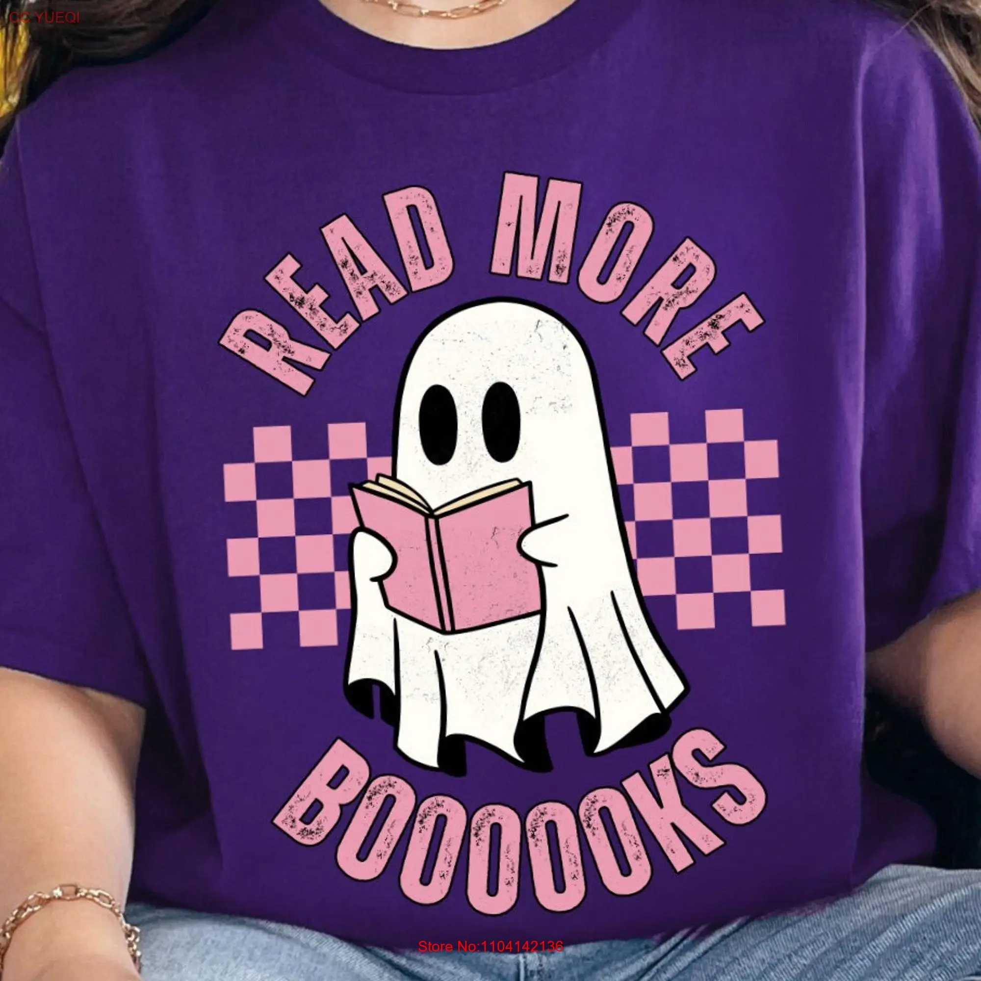 Ghost Reading Books T Shirt Halloween Book Lover Women's Bookish Top Spooky Teacher Librarian  long or short sleeves