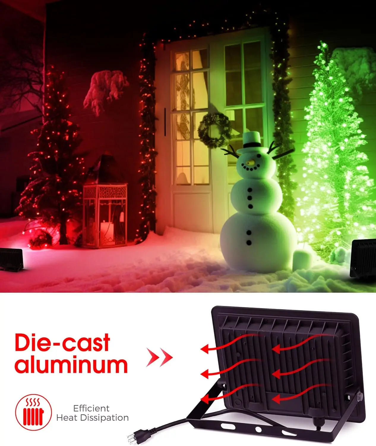 Luz de inundación LED roja de 50 W con sensor de atardecer al amanecer, resistente al agua IP66 para decoración navideña al aire libre, listado por UL, paquete de 2
