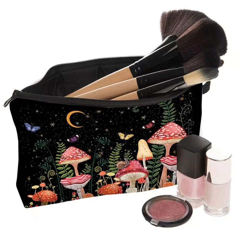 

Portable Mushroom Print Cosmetic Bag Polyester Large Capacity Travel Storage Bag Zipper Key Card Holder