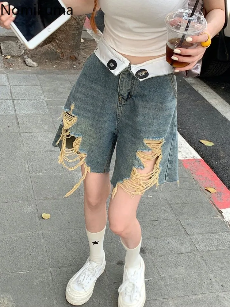 Fashion Shorts for Women High Waist Hole Harajuku Pantalones Cortos De Mujer 2024 New Bottoms Streetwear Casual Korean Y2k Jeans