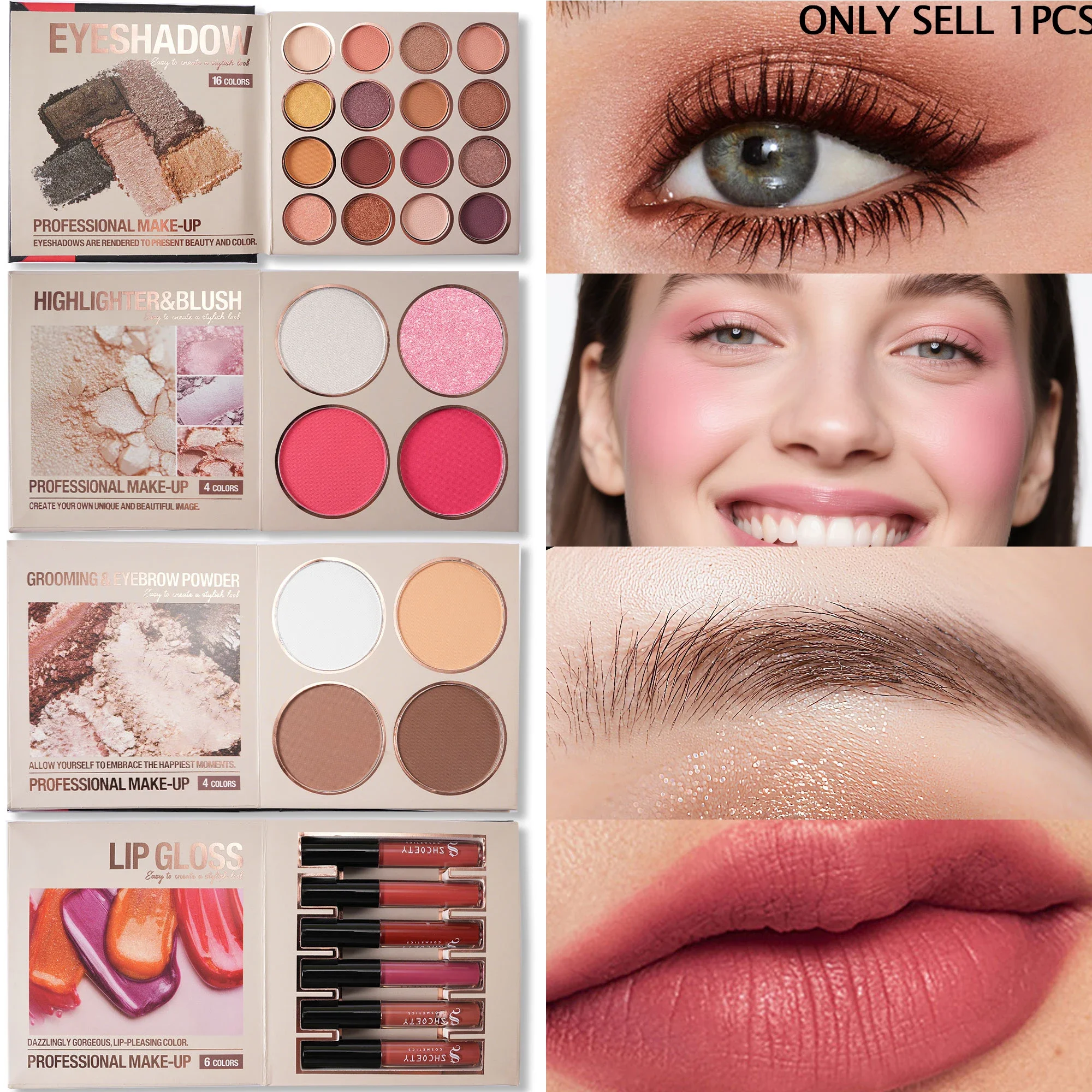 Multi‑Page All‑In‑One Makeup Book Kit, Eyeshadow Blush Highlighter Brow Powder & Lip Gloss Cosmetic Palette