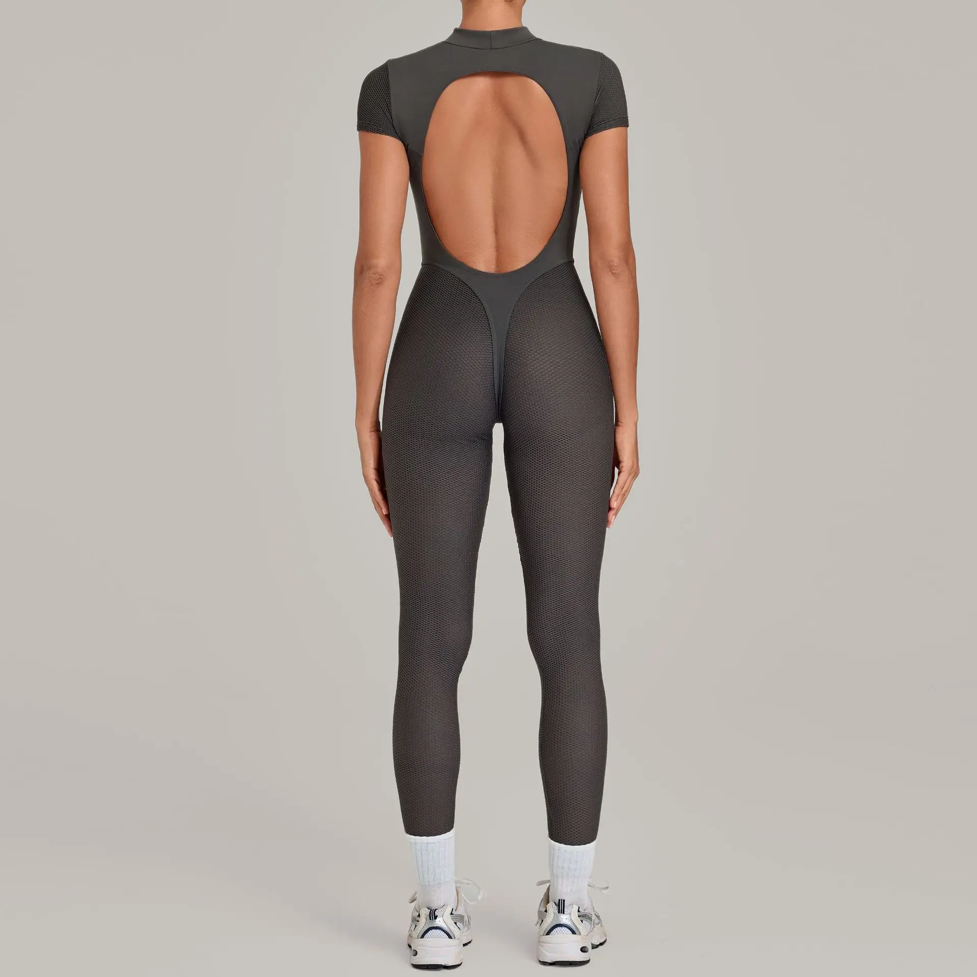 One-Piece Yoga Set Women High Neck Short Sleeve Ribbed Bodysuit High Elastic Breathable Butt-lift Gym Workout Jumpsuit Plus Size