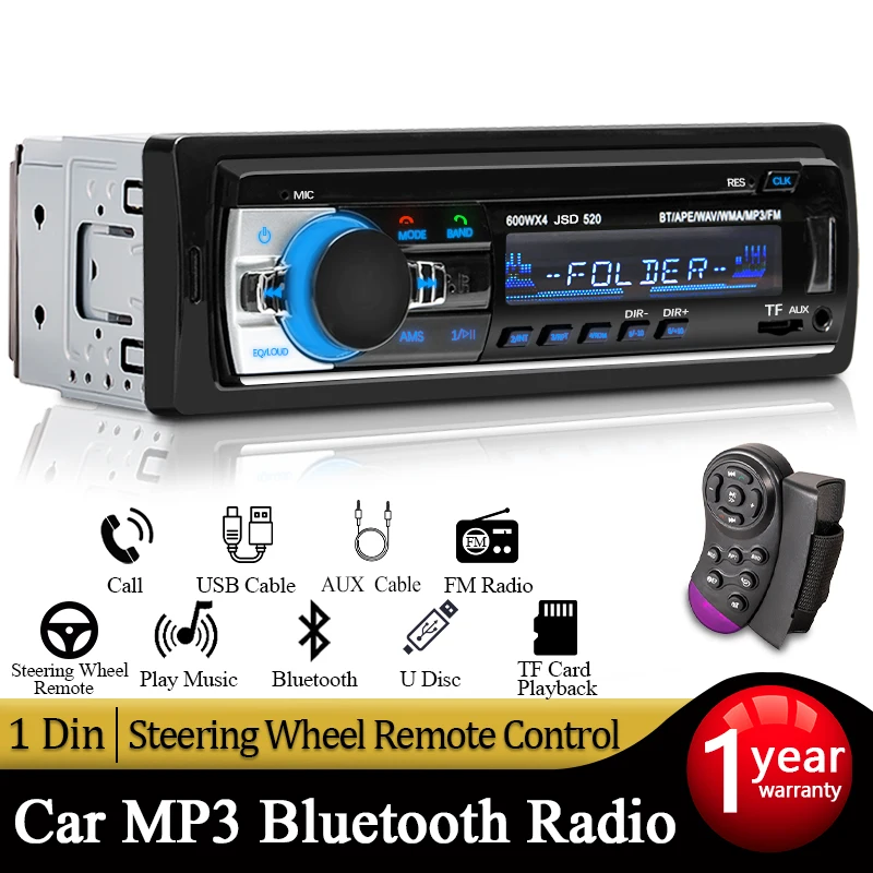 Car Radio 1 din Stereo Player Digital Bluetooth MP3 Player 60Wx4 FM Radio Stereo Audio Music USB/SD with In Dash AUX Input