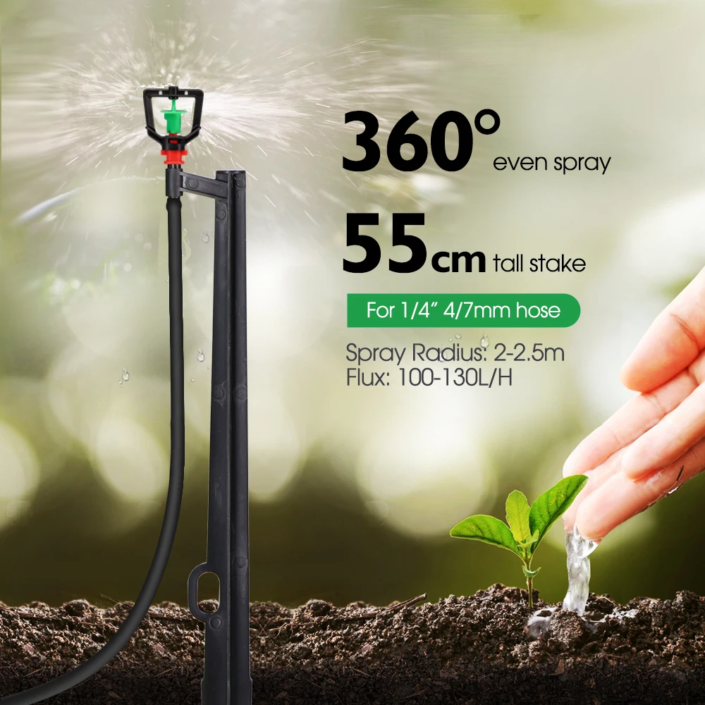 10PCS 360 Degrees Nozzle on 55cm Stake Watering Sprinklers for 1/4'' Hose Greenhouse Lawn Fine Sprayer Garden Irrigation Systems