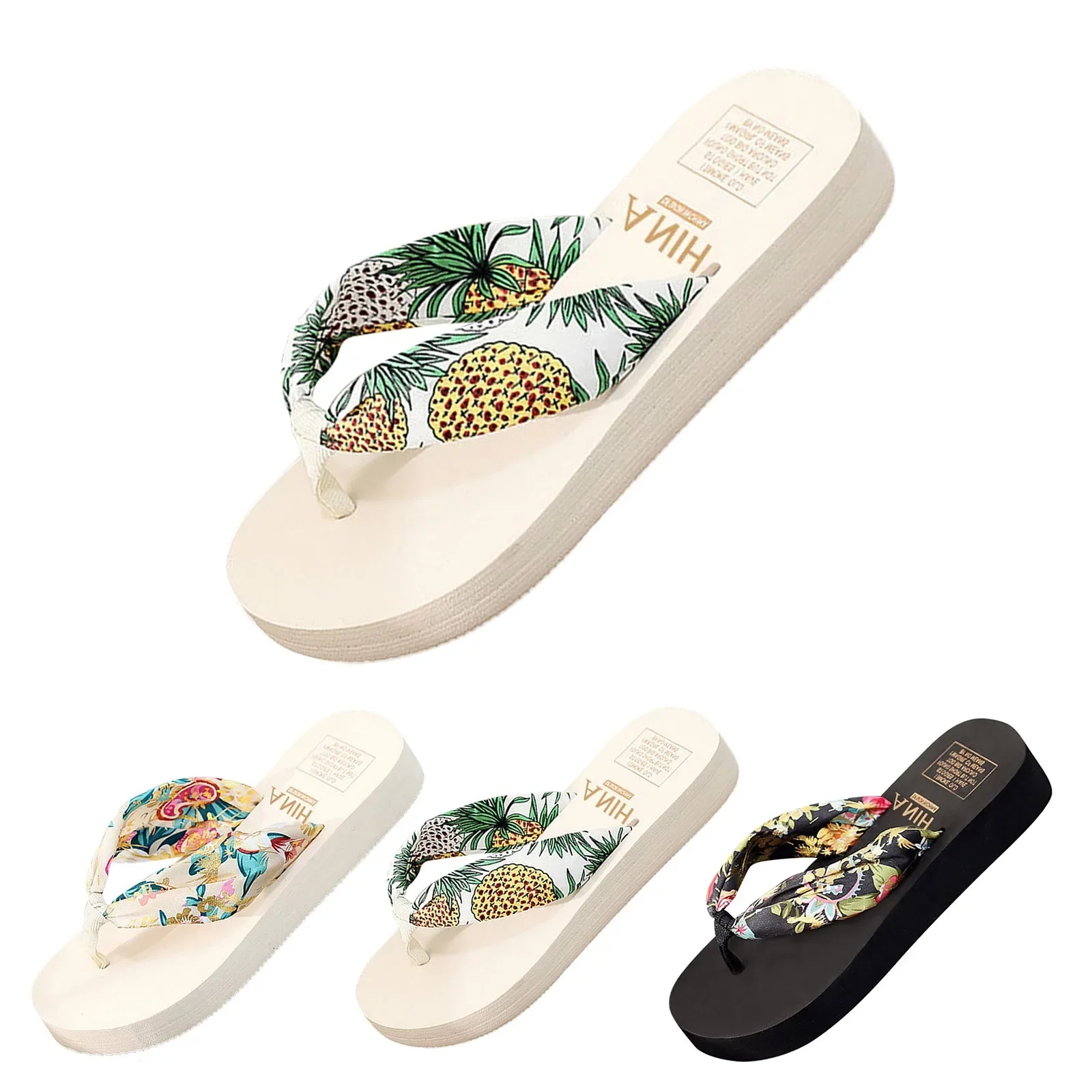 2023 Summer Floral Printing Slippers Women Bohemian Satin Strap Platform Wedge Flip Flops Outdoor Thick Bottom Beach Shoes