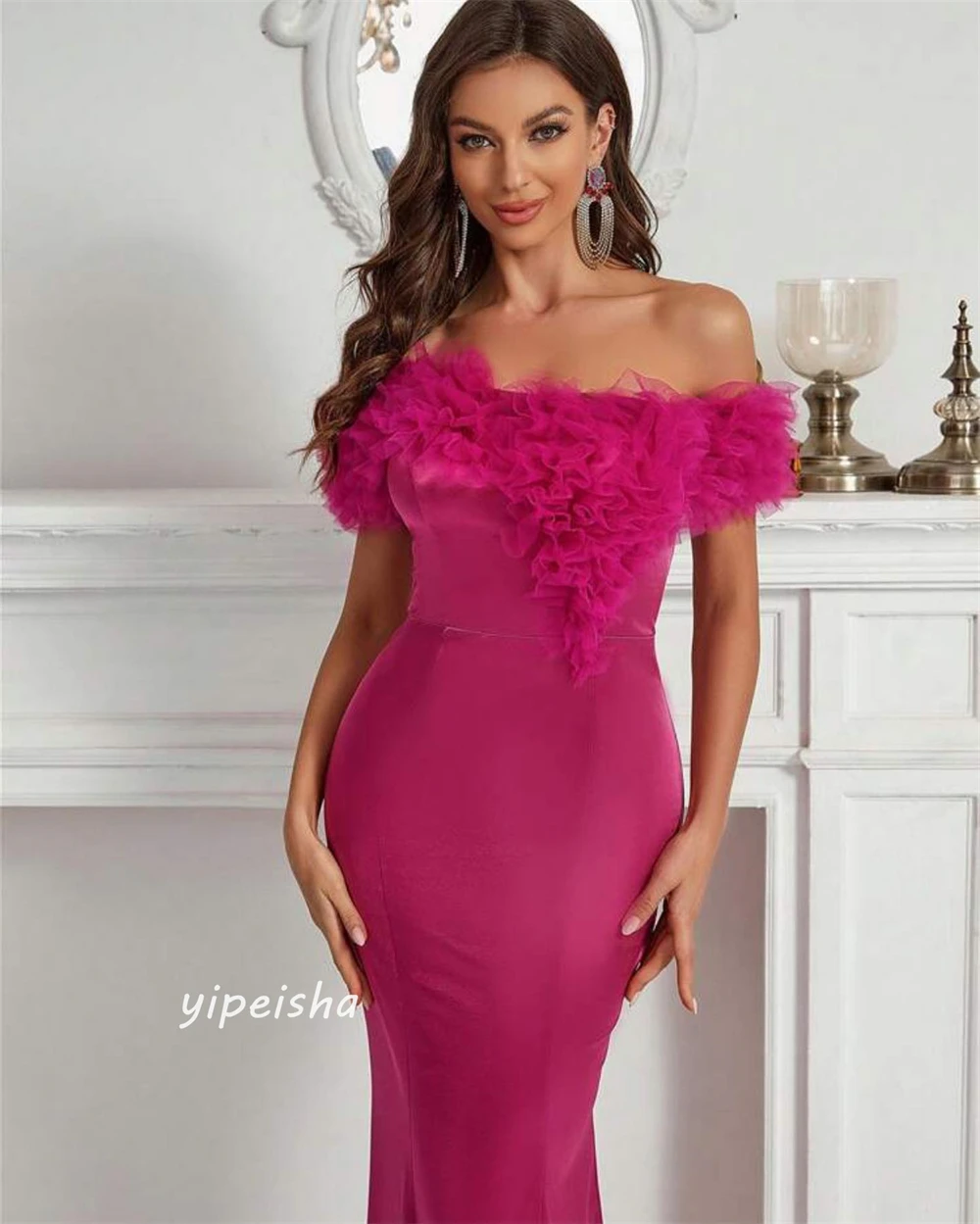  Satin Draped Pleat Ruched Beach Mermaid Off-the-shoulder Bespoke Occasion Gown Long Dresses Evening Saudi Arabia Prom 