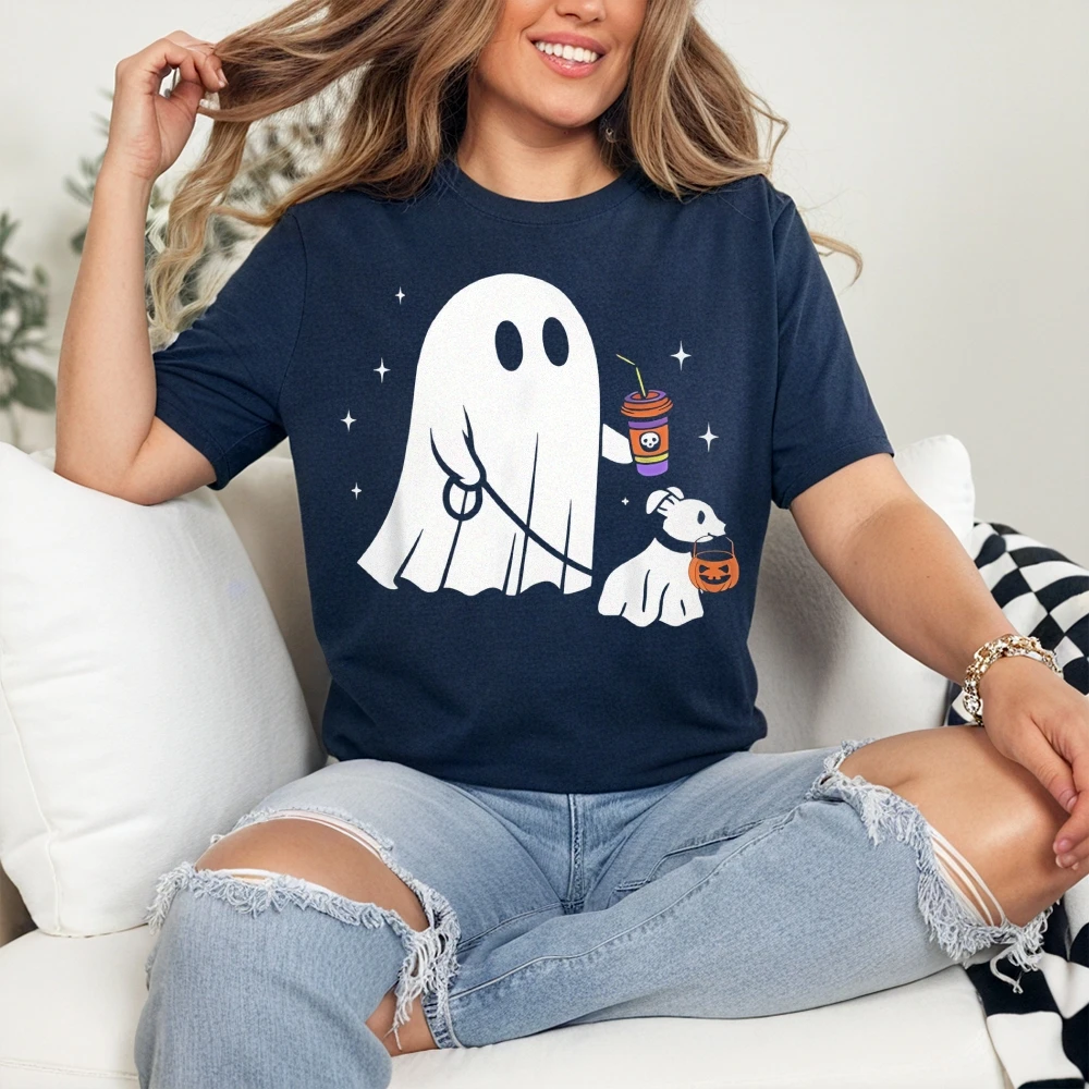 T-shirts graphiques imprimés fantôme et chien Halloween, en coton doux et respirant pour femmes, à la mode, col rond, manches courtes, haut décontracté, été