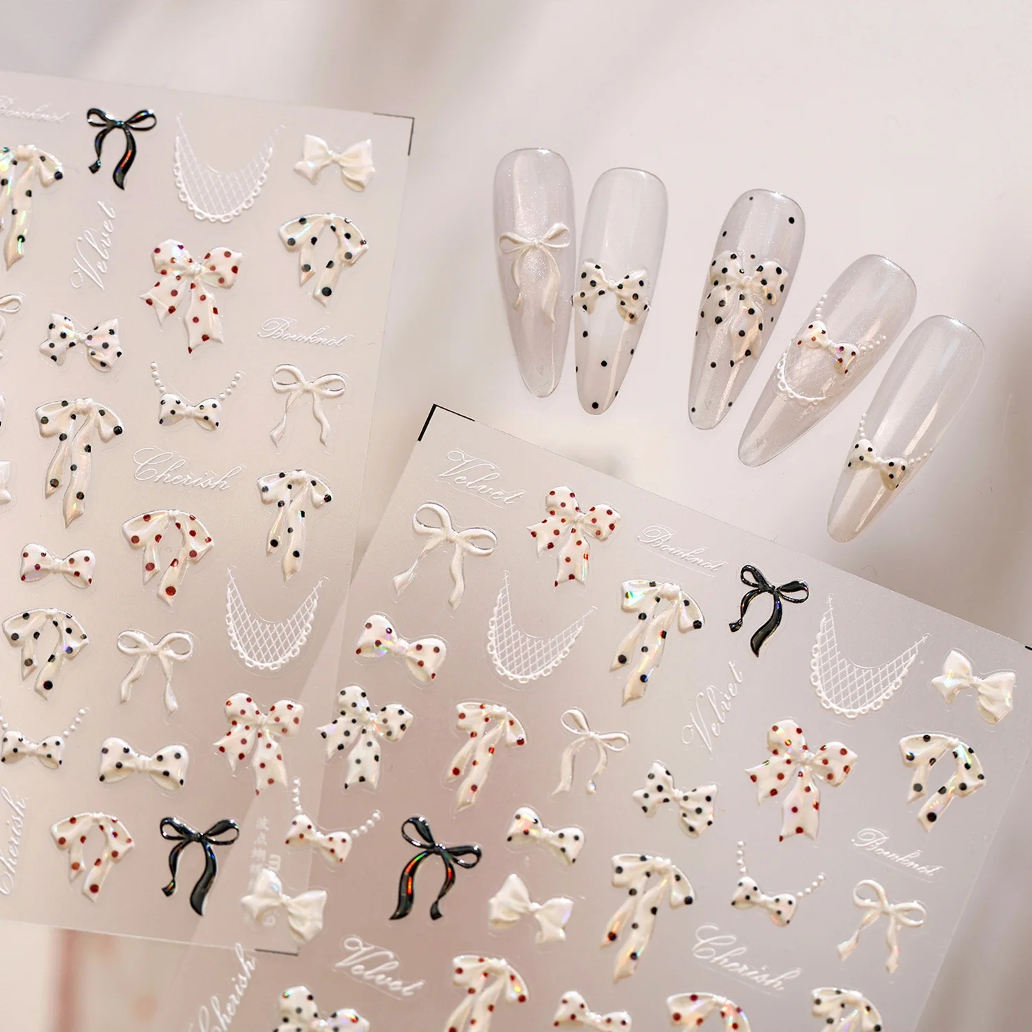 Glitzernde Strass-Schleife 5D Nagelaufkleber Retro Polka Dot Schwarze Spitze Mond Selbstklebende Abziehbilder Klassische Vintage-Deko DIY Nagelkunst