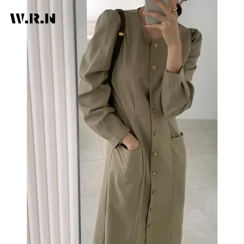 2024 Winter Vintage Long Sleeve Round Neck Midi Solid Color Shirt Dresses Women Elegant Classic Office Lady A-Line Blouse Dress