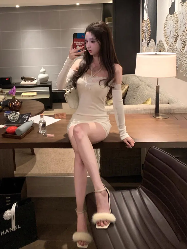 

Сексуальная кружевная отделка Long Sve на одно плечо Dr, женская внутренняя одежда Dr, базовый слой, юбка с ягодицами, осень-зима