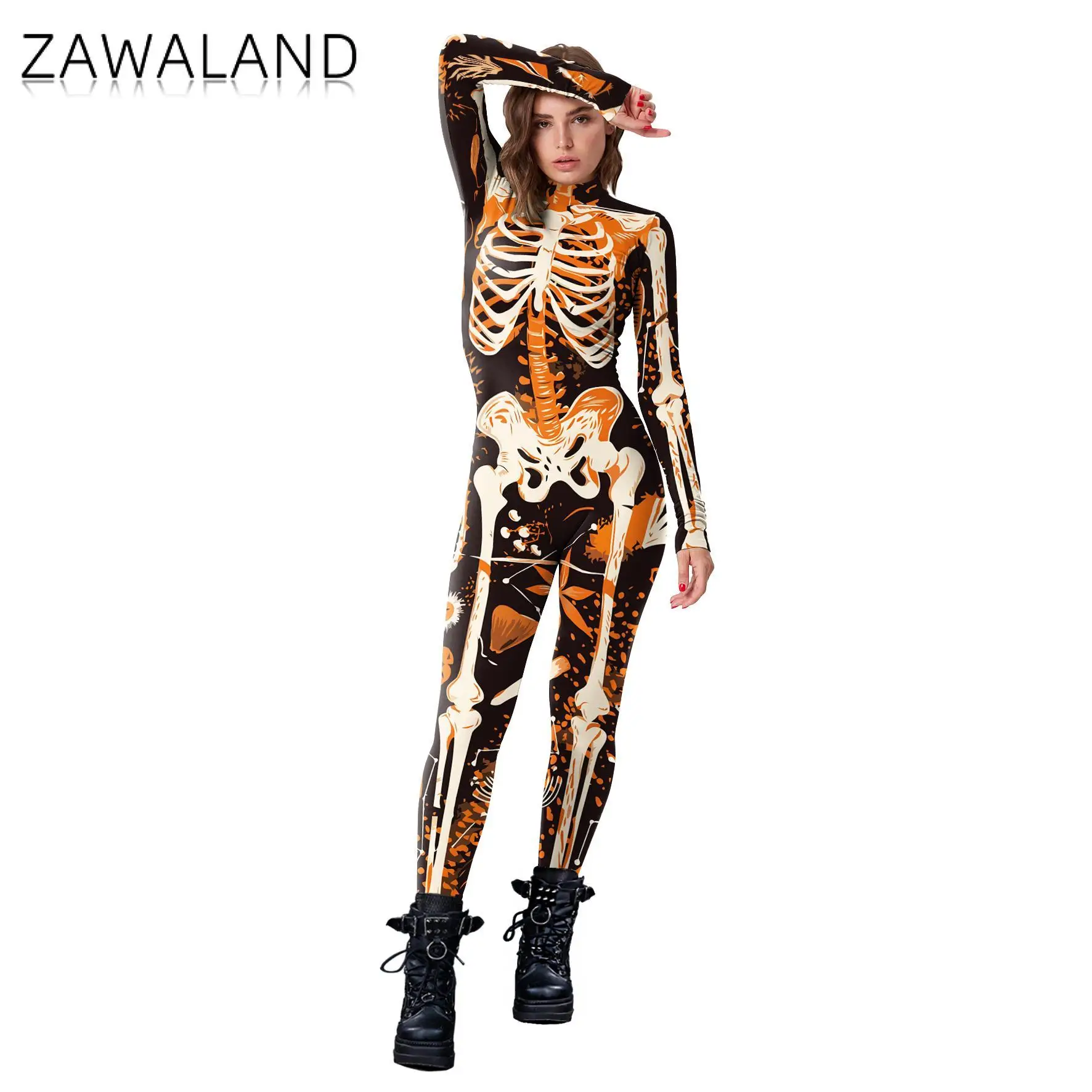 

Zawaland Cosplay Bodysuit 3D Skeleton Halloween Digital Printing Women Long Sleeve Sexy Skinny Cosplay Jumpsuit Catsuit