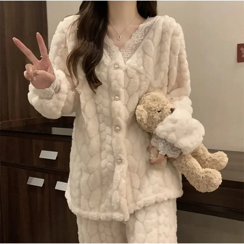 Lace Splicing Pajamas For Women Autumn And Winter Flannel Coral Fleece Thicke Warm Home Clothing Set Outwear 2-Piece Set Girl