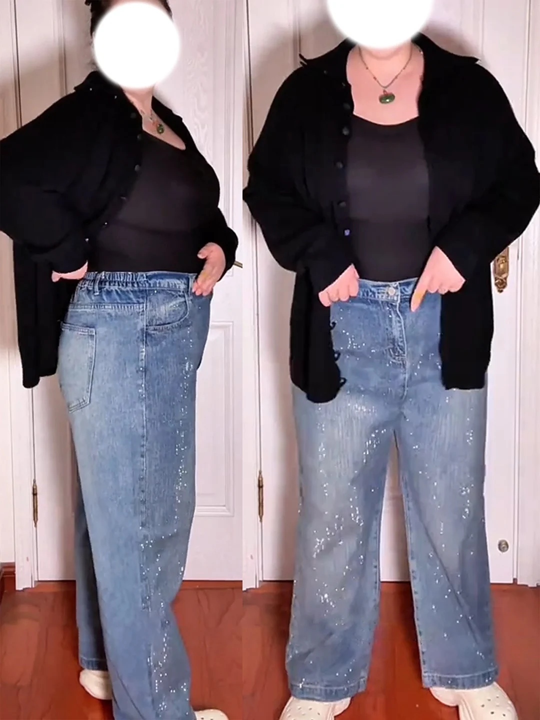 

Women's Winter Fce Lined Denim Jeans Star Embellied Diamond Loose Wide Leg Long Pants Casual High Waist Other Material