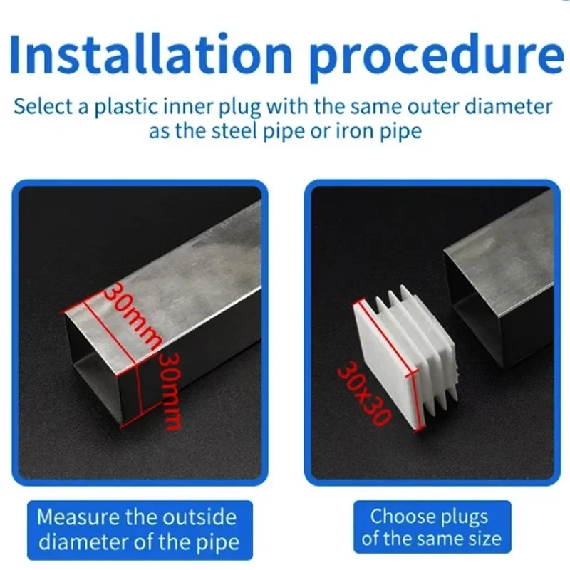 Tampa de extremidade plástica retangular branca do tampão da tubulação do tubo do tubo para pés da perna da tabela, capa à prova de poeira 13x13mm-100x100mm
